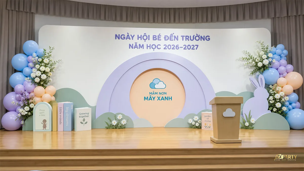 Sân khấu mầm non Mây Xanh màu tím xanh, trang trí bóng, hoa cúc và hình chú thỏ
