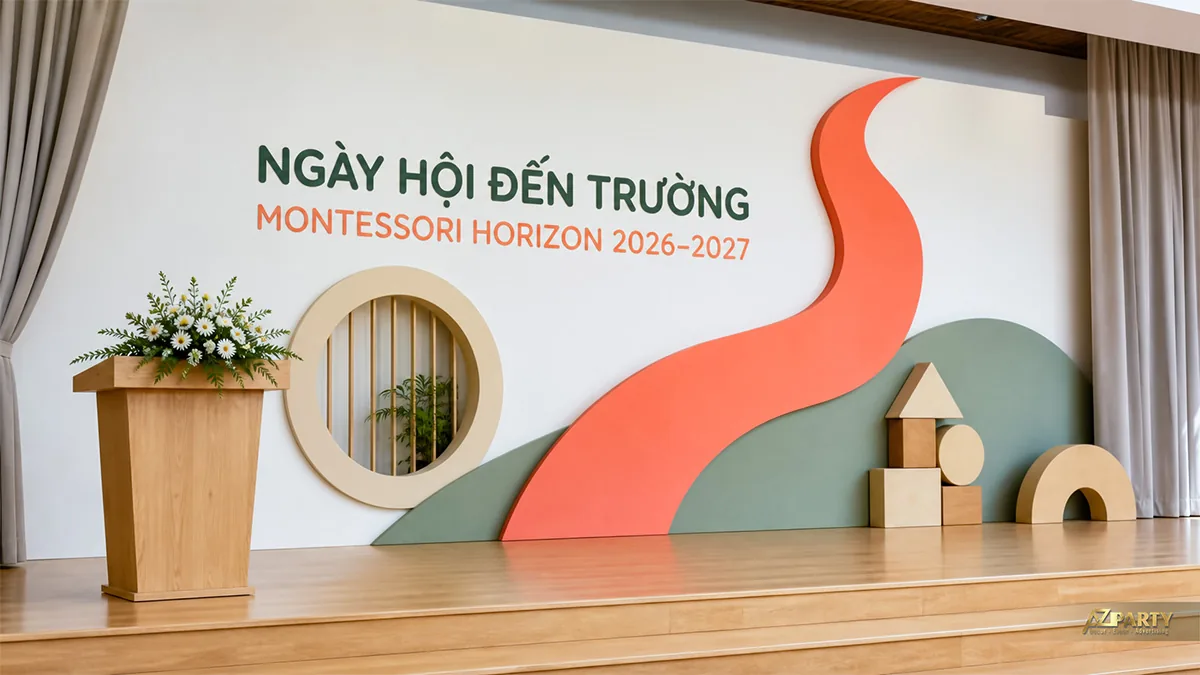 Sân khấu Ngày hội đến trường Montessori Horizon với mảng cong xanh, cam và khối gỗ