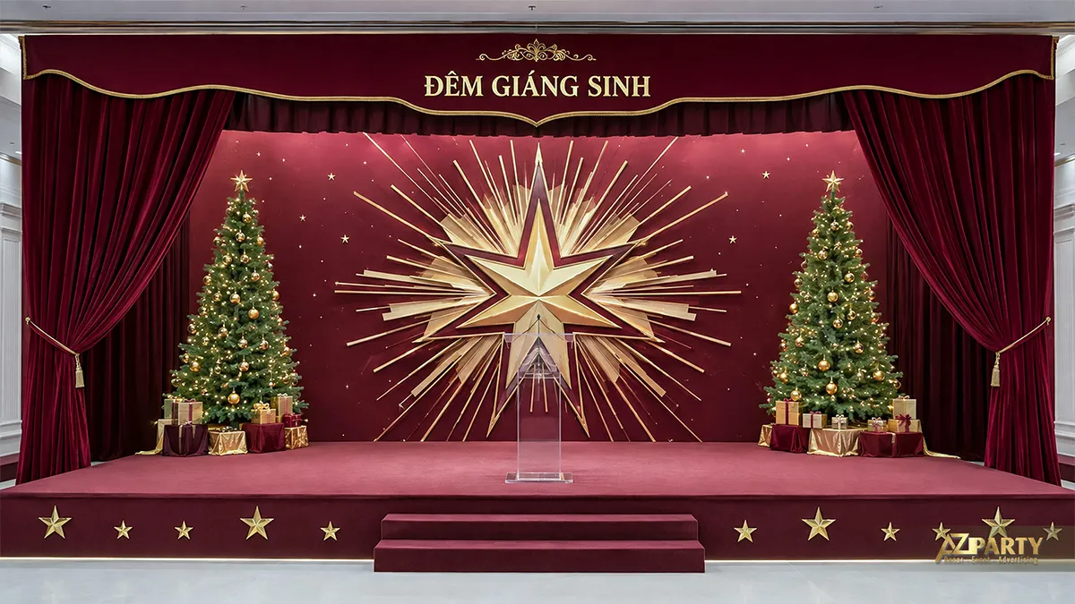 Phông sân khấu đêm Giáng sinh bằng rèm nhung đỏ, ngôi sao lớn và hai cây thông