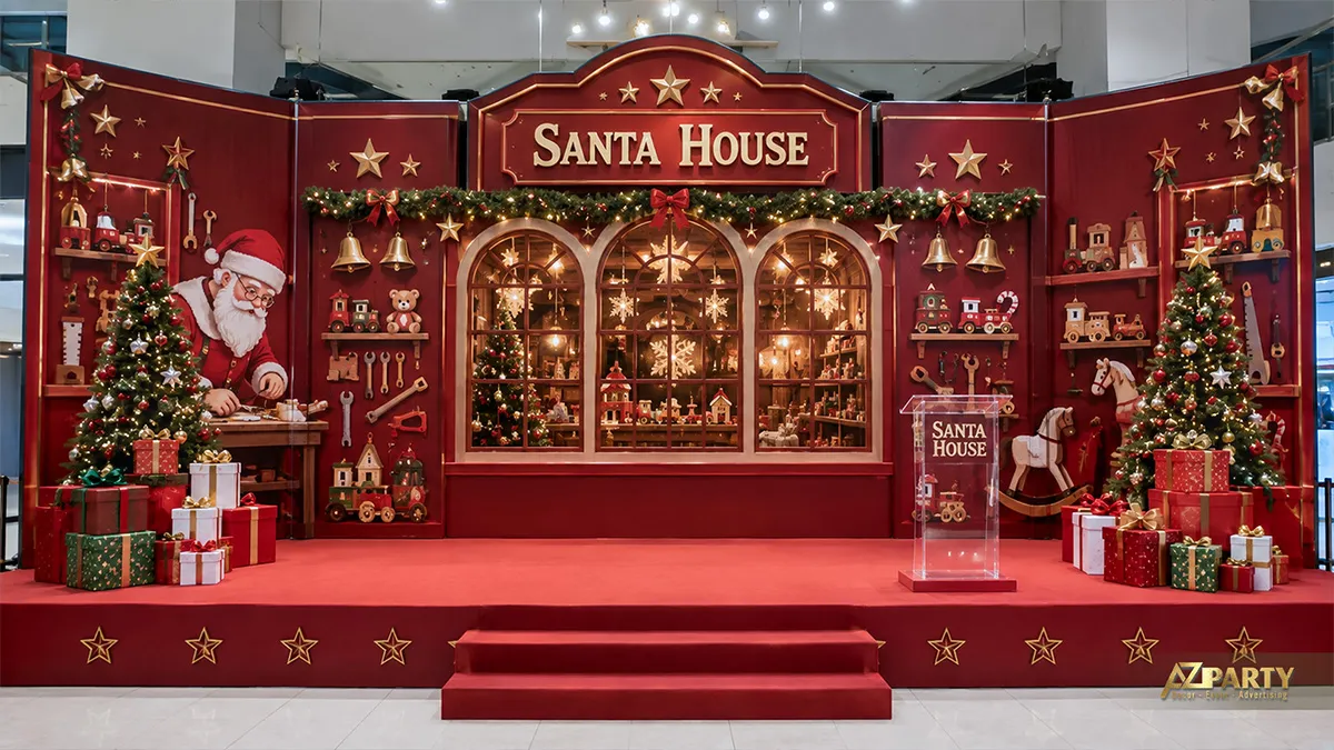 Không gian sân khấu chủ đề xưởng ông già Noel với kệ quà và nền đỏ