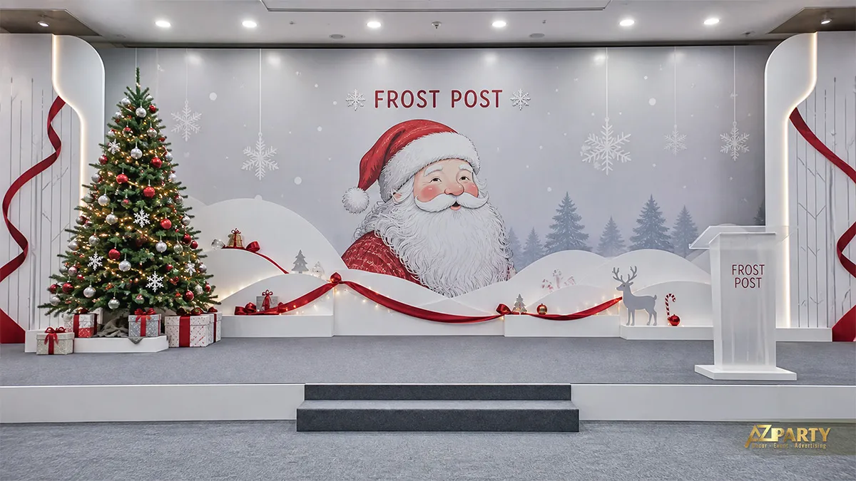 Phông nền trắng bạc in ông già Noel, cây thông và dải ruy băng đỏ