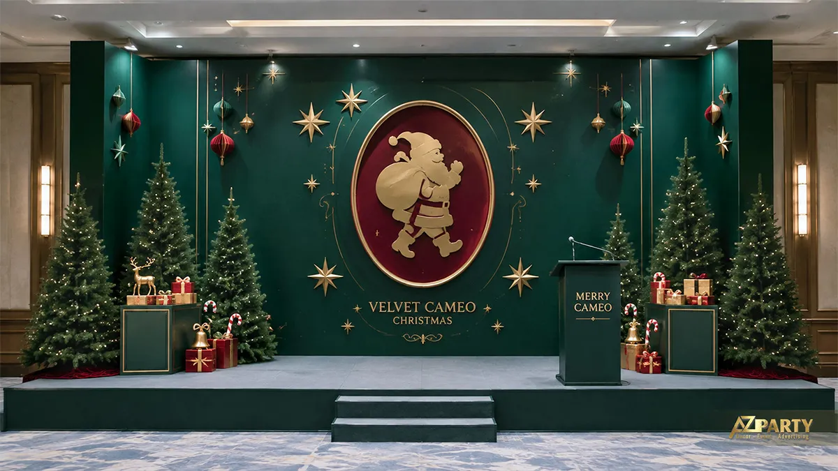 Sân khấu xanh rêu cổ điển với chân dung ông già Noel và các ngôi sao vàng