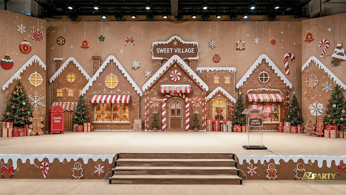 Sân khấu Noel chủ đề làng bánh gừng với dãy cửa hàng và kẹo gậy