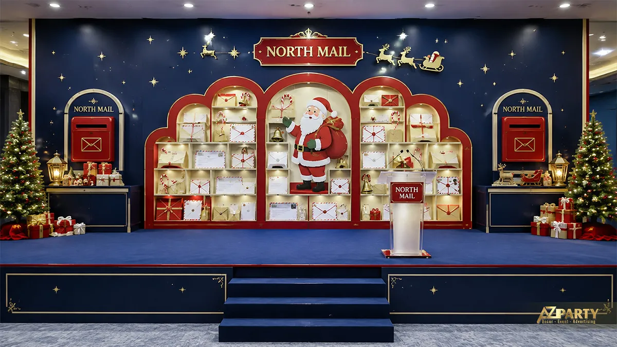 Phông nền bưu điện Bắc Cực có kệ thư, ông già Noel và hai đèn lồng