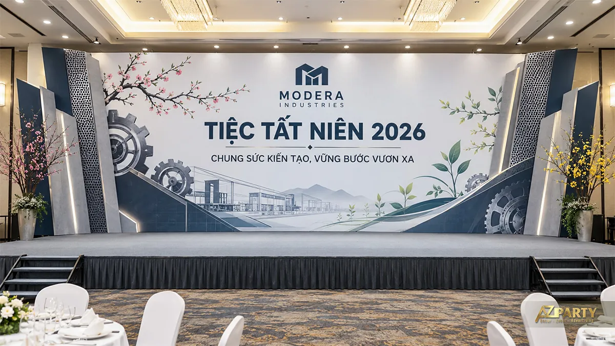 Sân khấu trắng xanh xám có hình bánh răng và lối lên hai đầu