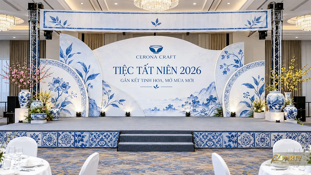 Sân khấu xanh trắng phối họa tiết gốm, bình hoa và cảnh núi