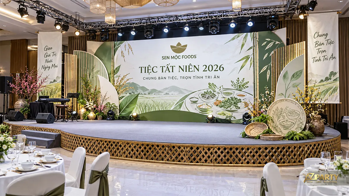 Sân khấu xanh lá in hình món ăn, nan tre và nhạc cụ bên trái