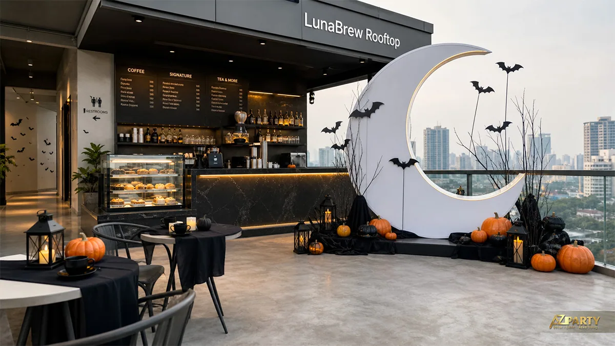 Sân thượng LunaBrew Rooftop với trăng khuyết lớn, dơi, bí ngô và đèn lồng