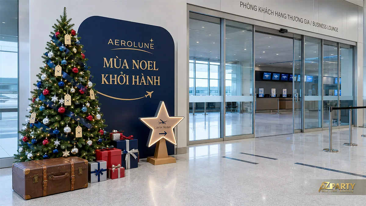 Sảnh chờ với cây thông, mô hình khúc gỗ và ngôi sao phát sáng