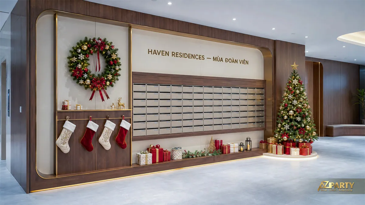 Sảnh chung cư với vòng nguyệt quế, tất Noel và cây thông cạnh hộp thư