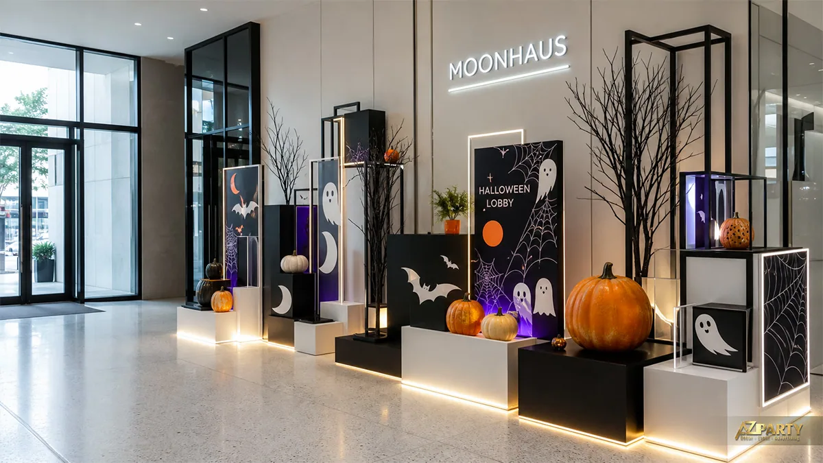Sảnh Halloween tối giản với các khối trưng bày đen trắng, ma nhỏ và bí ngô