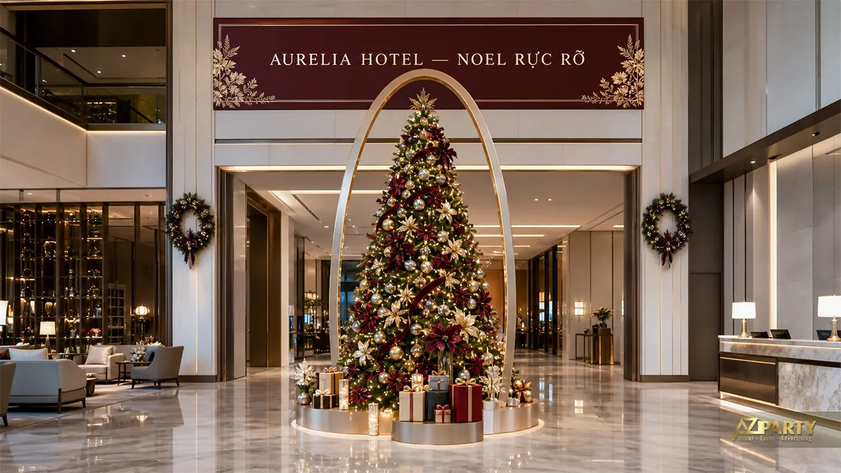 Sảnh khách sạn cao cấp với cây thông lớn, khung kim loại vàng và quà Noel