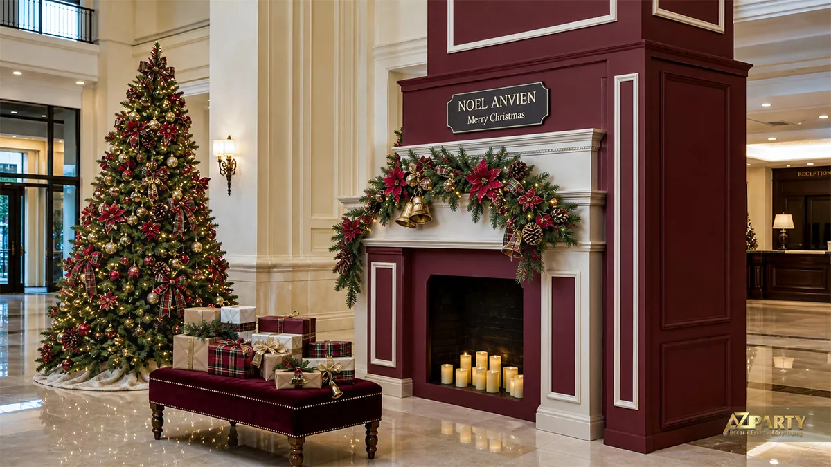Sảnh khách sạn cổ điển với lò sưởi, cây thông và ghế bọc nhung burgundy
