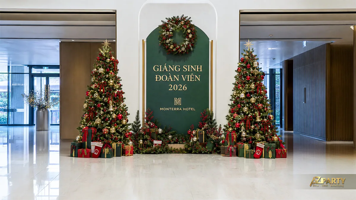 Sảnh khách sạn với hai cây thông hai bên bảng nhận diện