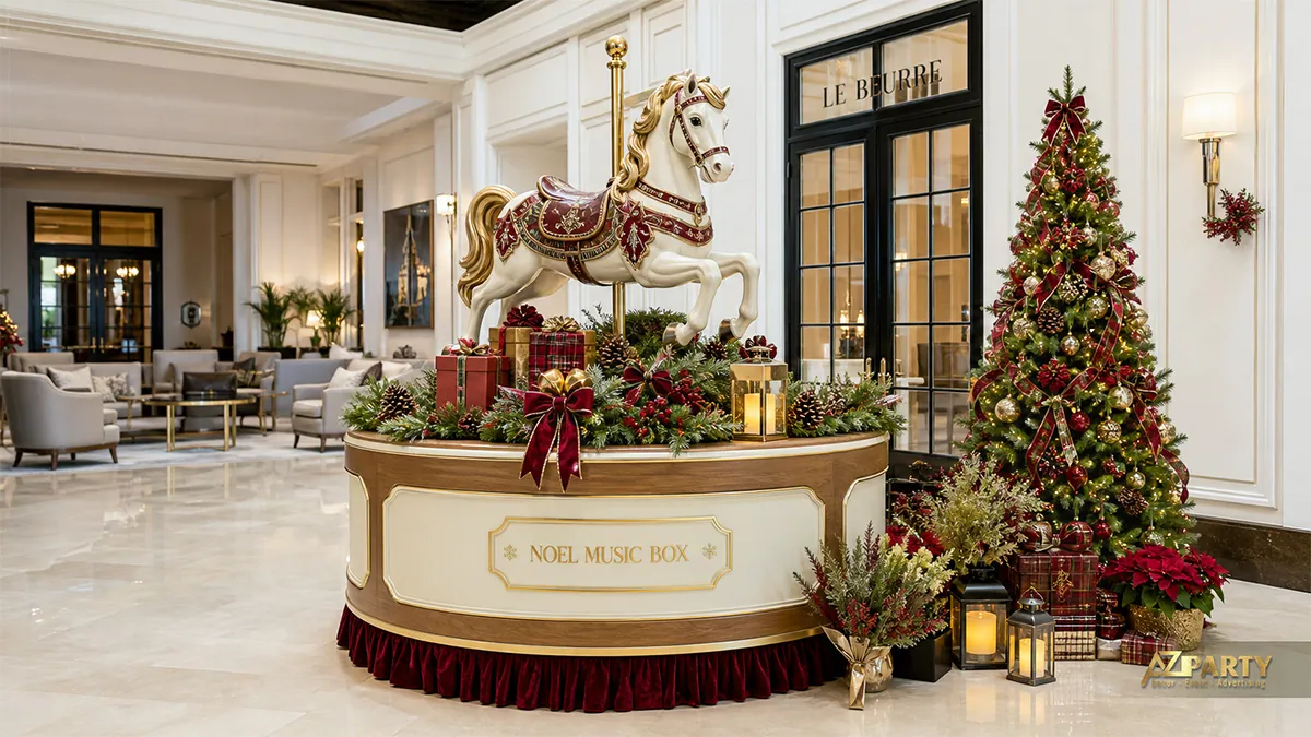 Sảnh khách sạn với ngựa carousel, cây thông và quà tặng cổ điển