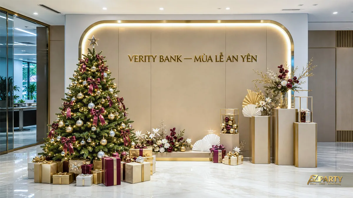 Sảnh ngân hàng tông be vàng với cây thông, bục trưng bày và hộp quà