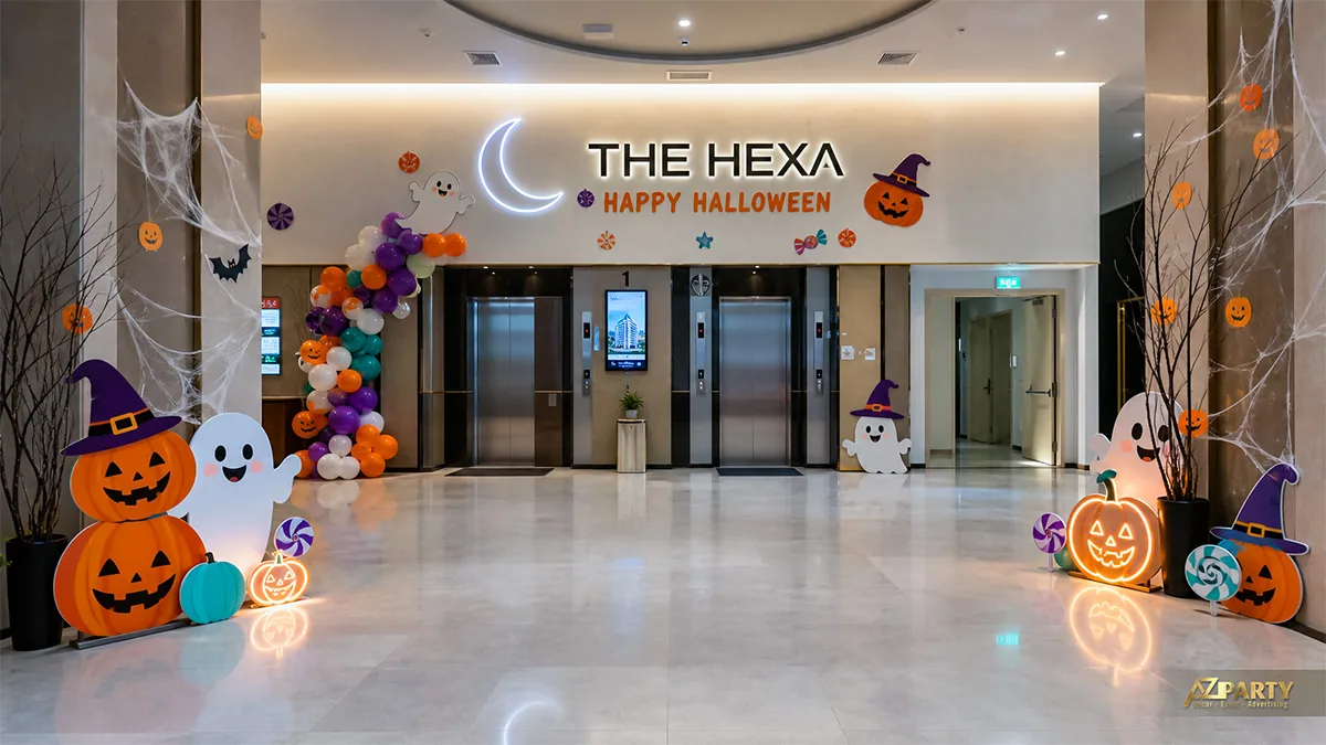 Sảnh thang máy Halloween thân thiện với bí ngô, ma đội nón, bóng màu và mạng nhện