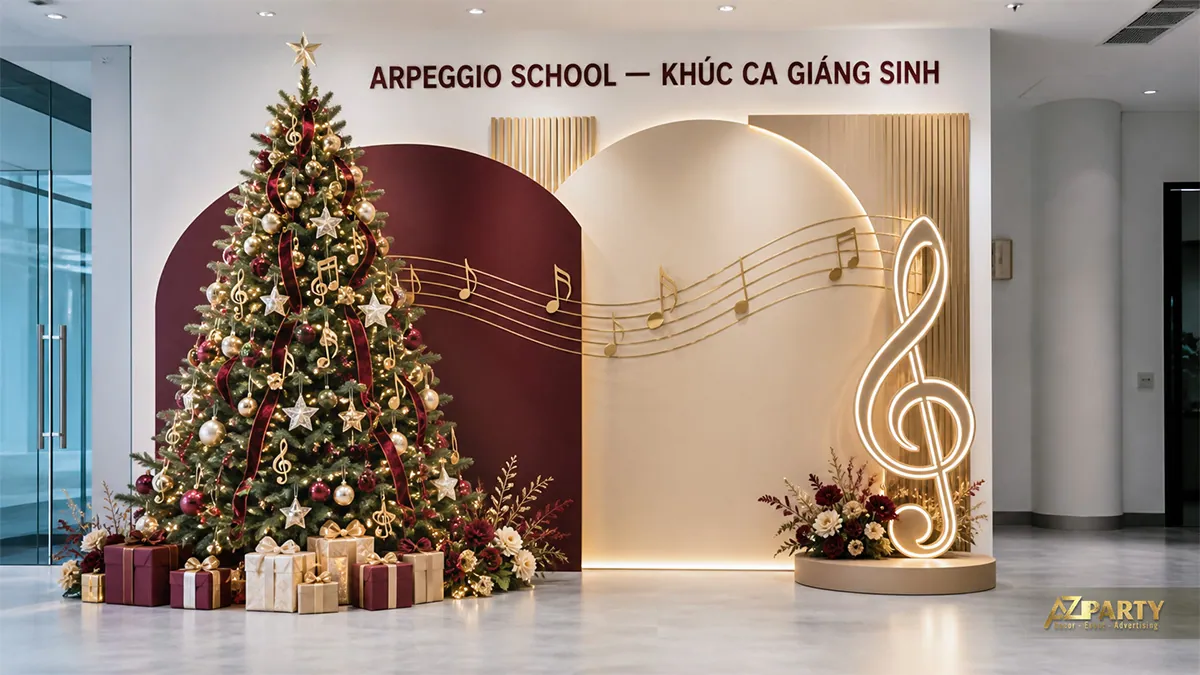 Sảnh trường học với cây thông, nốt nhạc ánh sáng và mảng cong burgundy