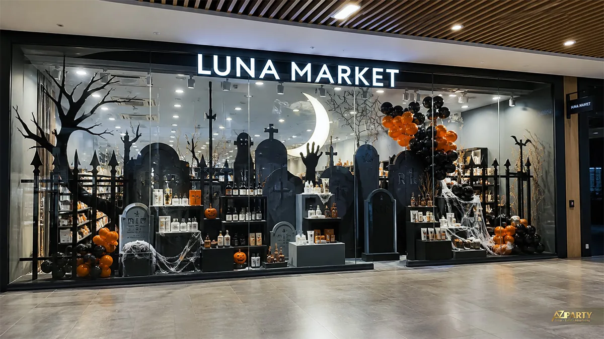 Ô cửa trưng bày Halloween với bia mộ, trăng khuyết và bóng bay đen cam