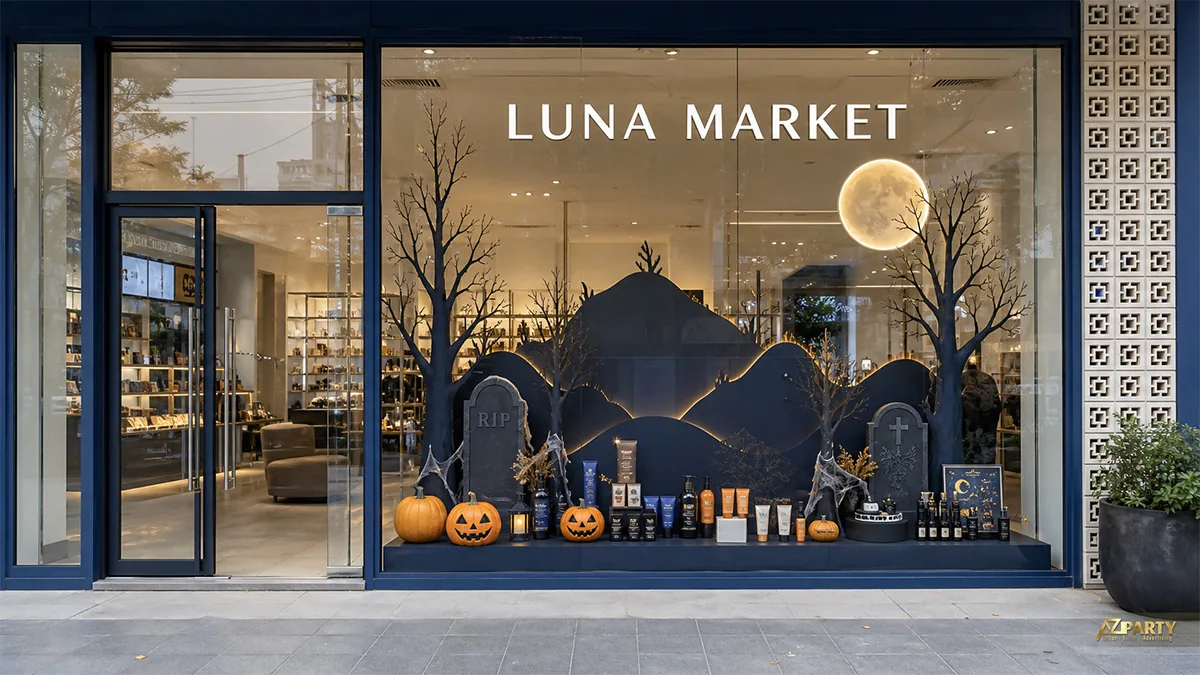Ô cửa trưng bày Halloween dựng cảnh nghĩa địa, trăng tròn và bí ngô