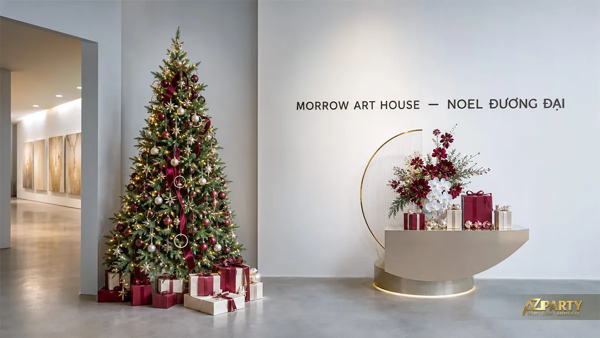 Showroom nghệ thuật tối giản với cây thông, hoa burgundy và hộp quà