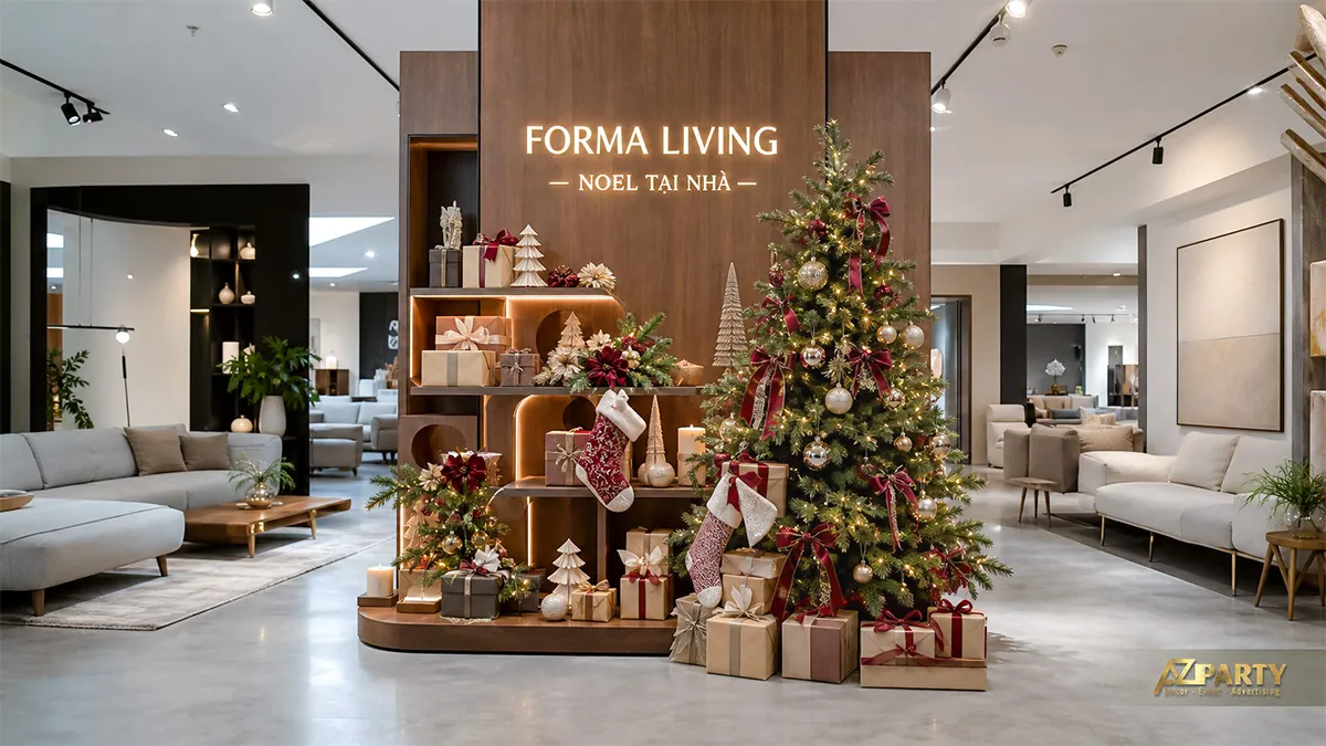 Showroom nội thất với cây thông, kệ gỗ và tất Noel
