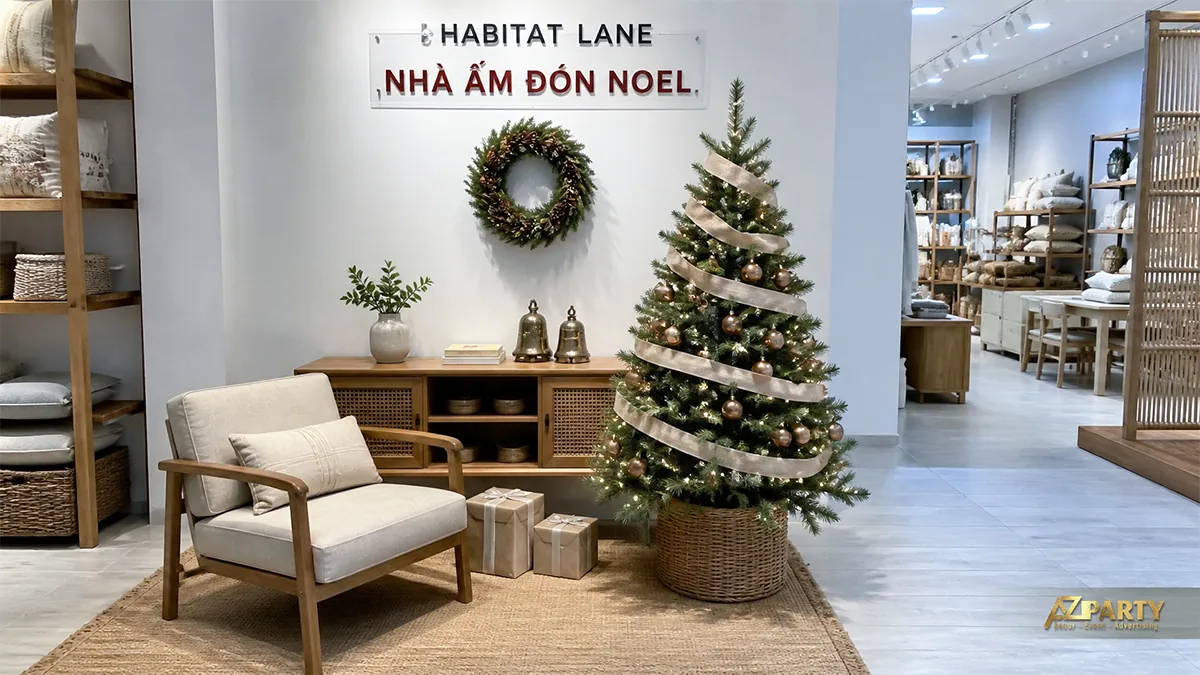 Showroom nội thất với cây thông nhỏ và ghế bành trung tính