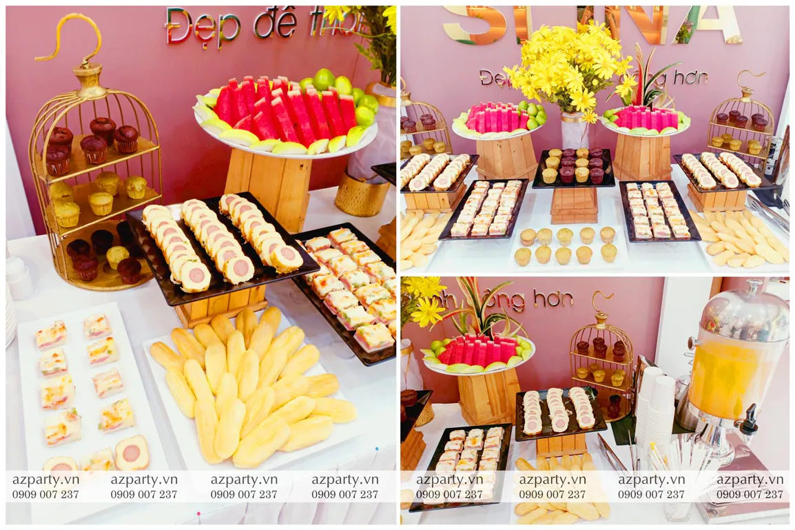 Các món bánh ngọt, bánh mặn và trái cây đa dạng tại bàn tiệc teabreak khai trương Slina