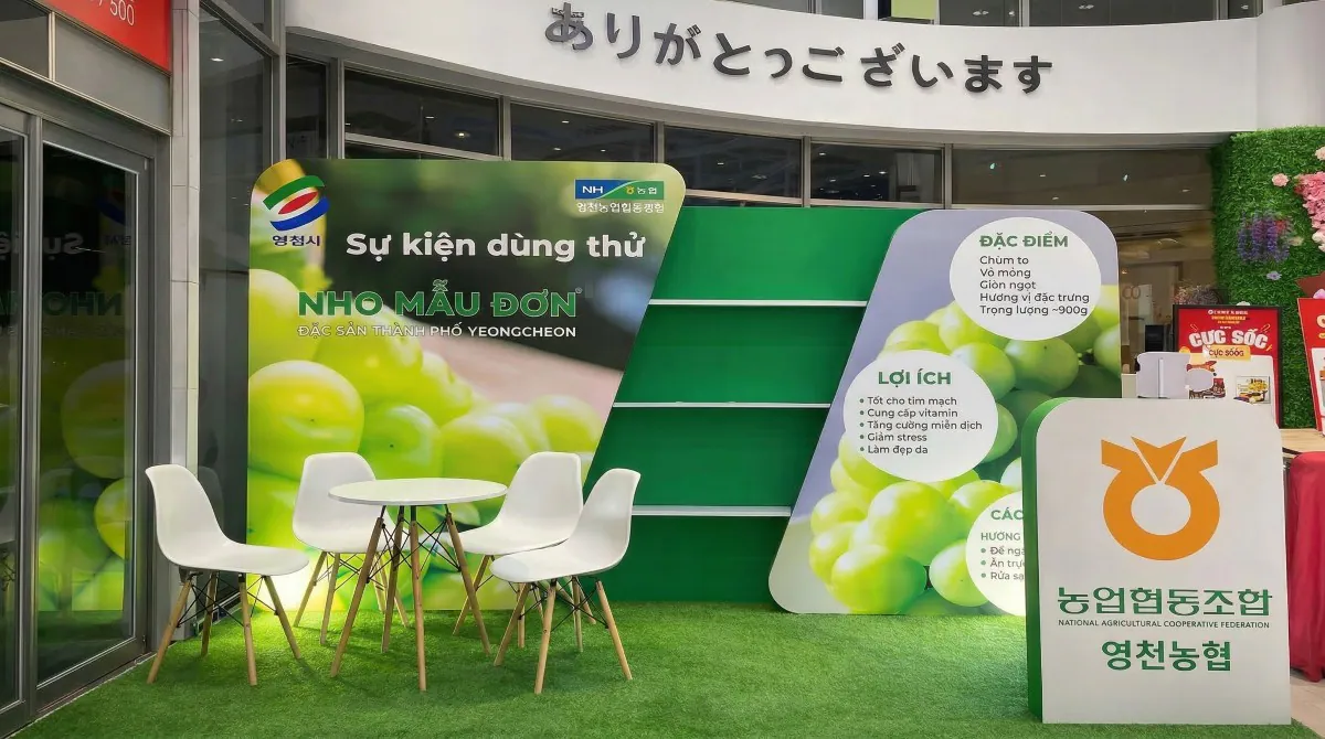 Góc chụp chính diện của booth, nổi bật với tone màu xanh của thiên nhiên