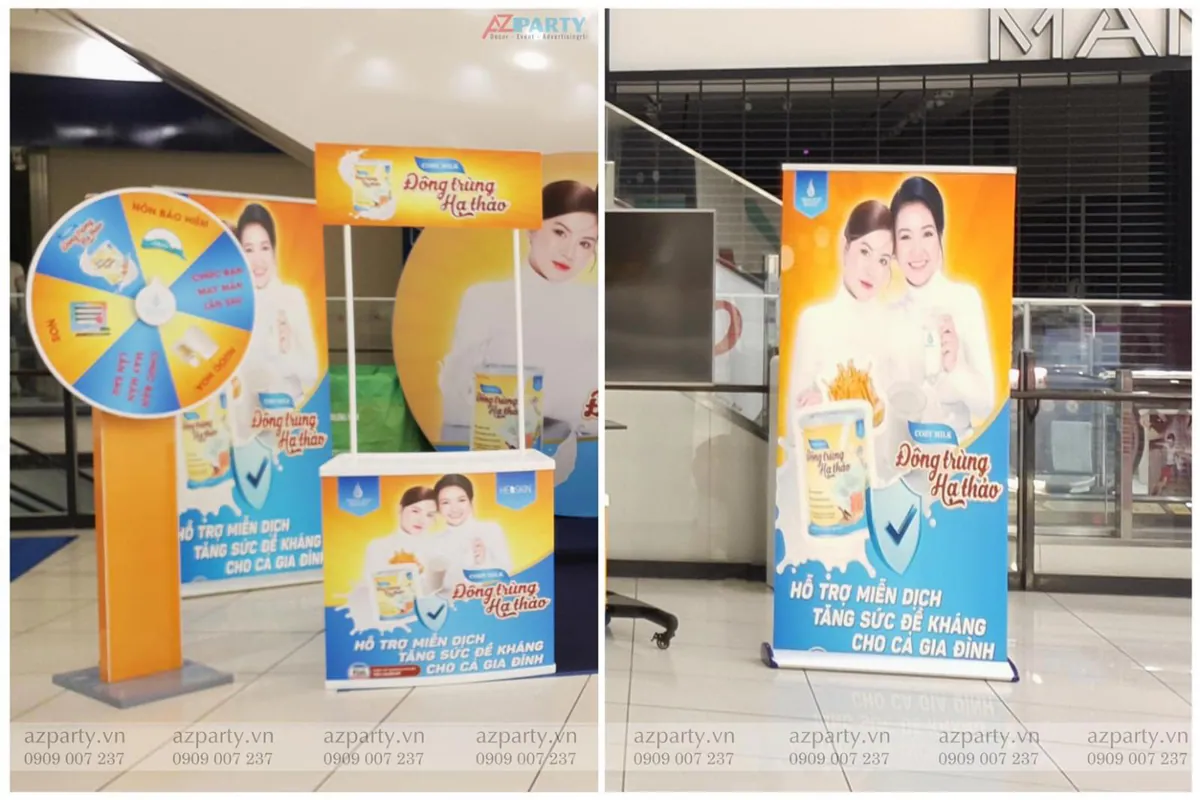 Quầy sampling booth dùng thử và vòng quay trúng thưởng tại booth Coby Milk