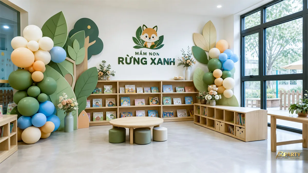 Thư viện mầm non Rừng Xanh với kệ sách gỗ, cây lá nổi và cụm bóng màu xanh kem
