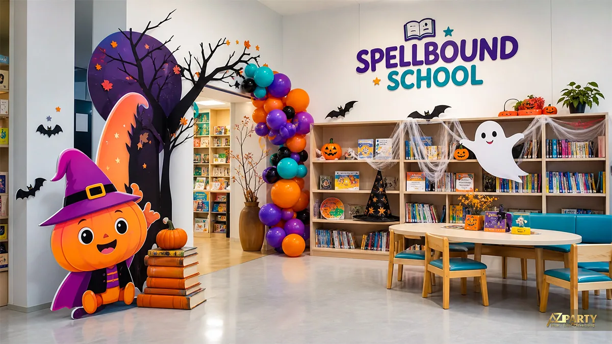 Thư viện trường học trang trí Halloween với bí ngô phù thủy, bóng màu và mạng nhện