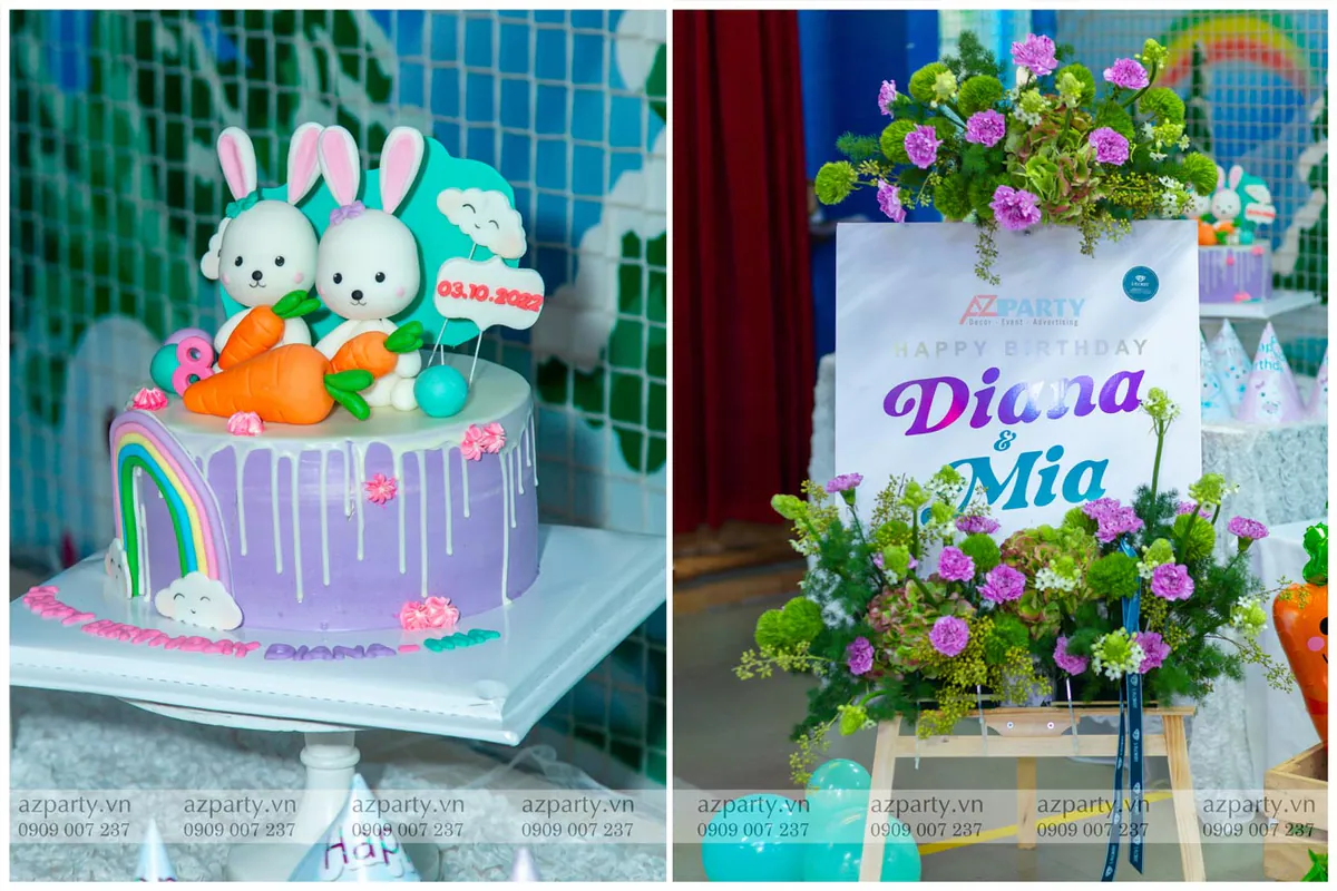 Bánh kem sinh nhật màu tím trang trí hai chú thỏ Bunny dễ thương cùng bảng chào Happy Birthday Diana & Mia cắm hoa tươi sang trọng.