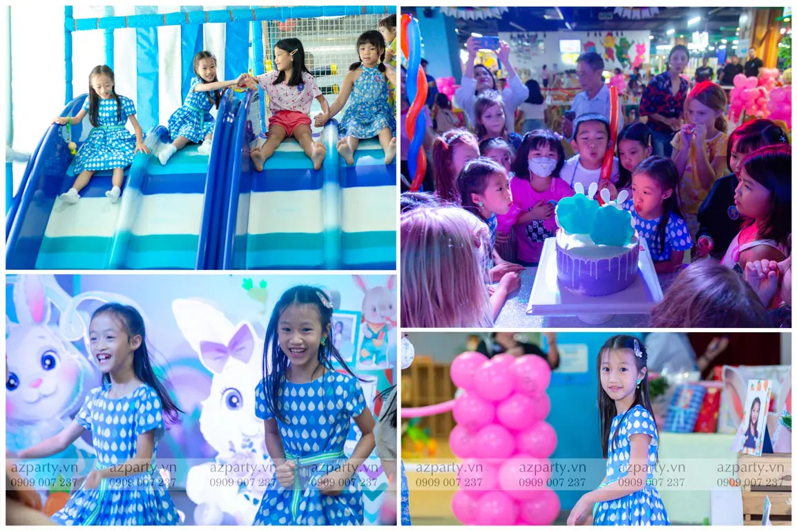 Hoạt động vui chơi của các bé tại tiệc sinh nhật gồm trượt máng phao, cùng nhau thổi nến bánh kem và vui đùa nhảy múa sôi nổi.