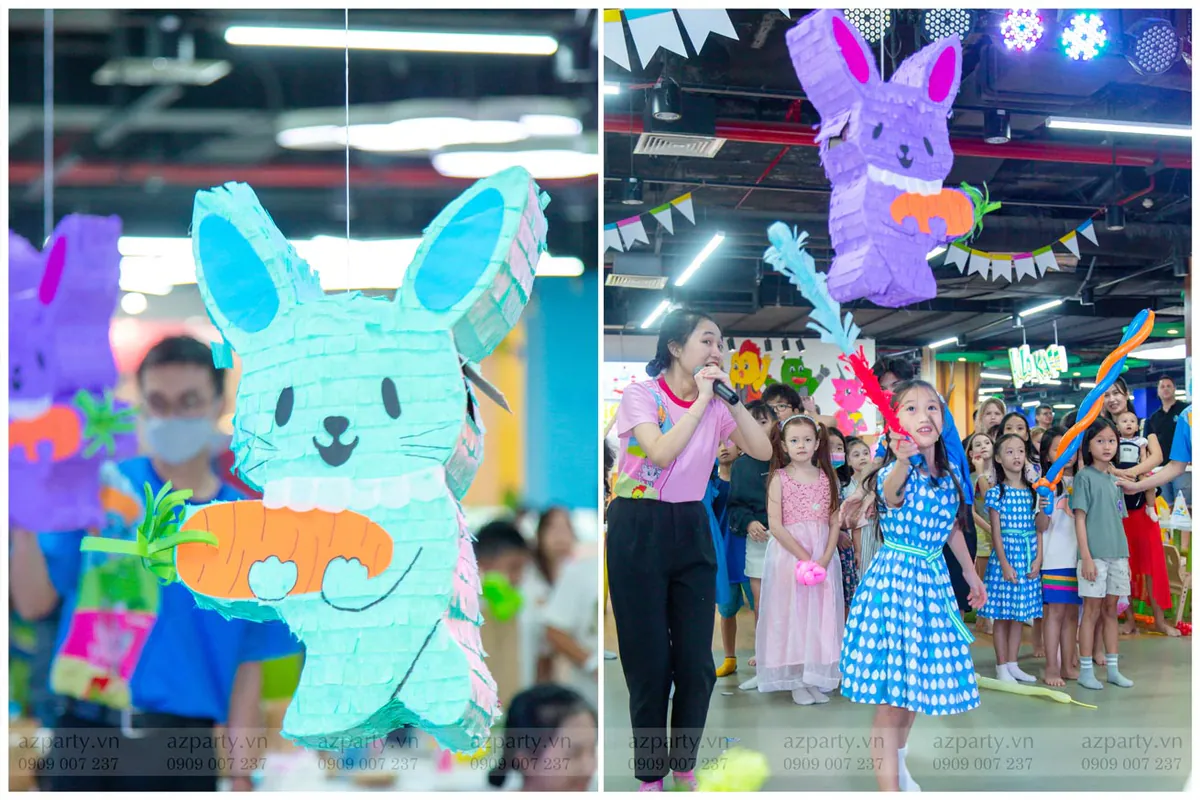 Trò chơi đập pinata hình thỏ Bunny ngộ nghĩnh treo trên cao mang lại niềm vui thích và phấn khích cho các bé tham gia tiệc sinh nhật.