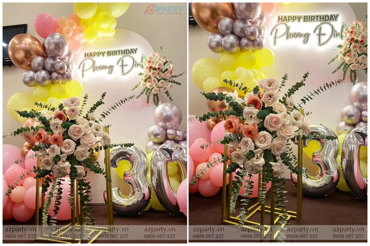 Cận cảnh chi tiết bình hoa hồng pastel kết hợp lá đô la được trang trí trên kệ sắt vàng tinh tế tại tiệc sinh nhật tuổi 30 của Phương Đình.