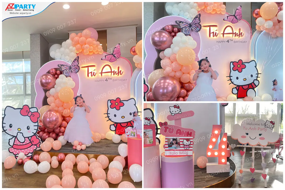 Collage cận cảnh các góc trang trí tỉ mỉ như bục tròn Gallery trưng bày ảnh, bảng đón khách thiết kế mây bay và đèn số 4 lung linh.