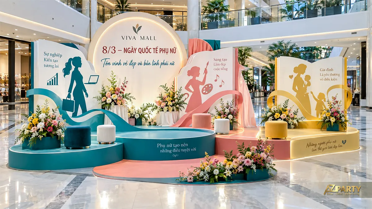 Ba góc chụp xanh hồng vàng minh họa phụ nữ trong công việc, nghệ thuật và gia đình