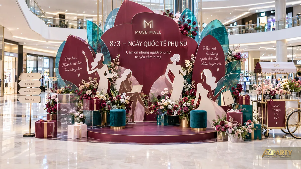 Tiểu cảnh tím mận với hình phụ nữ nhiều nghề, hộp quà và xe hoa