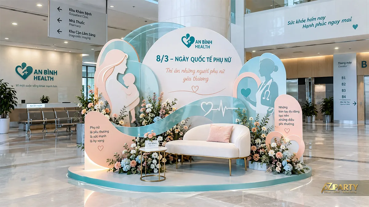 Tiểu cảnh xanh ngọc với hình mẹ bế bé, nữ bác sĩ và ghế sofa trắng