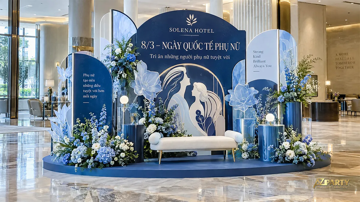 Tiểu cảnh khách sạn xanh trắng với hai chân dung phụ nữ và ghế dài