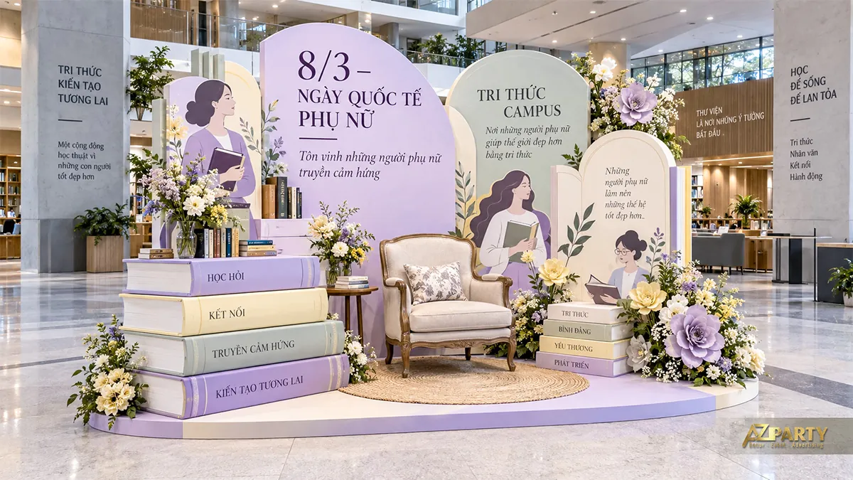 Góc đọc sách tím kem với ghế bành, chồng sách lớn và hình phụ nữ