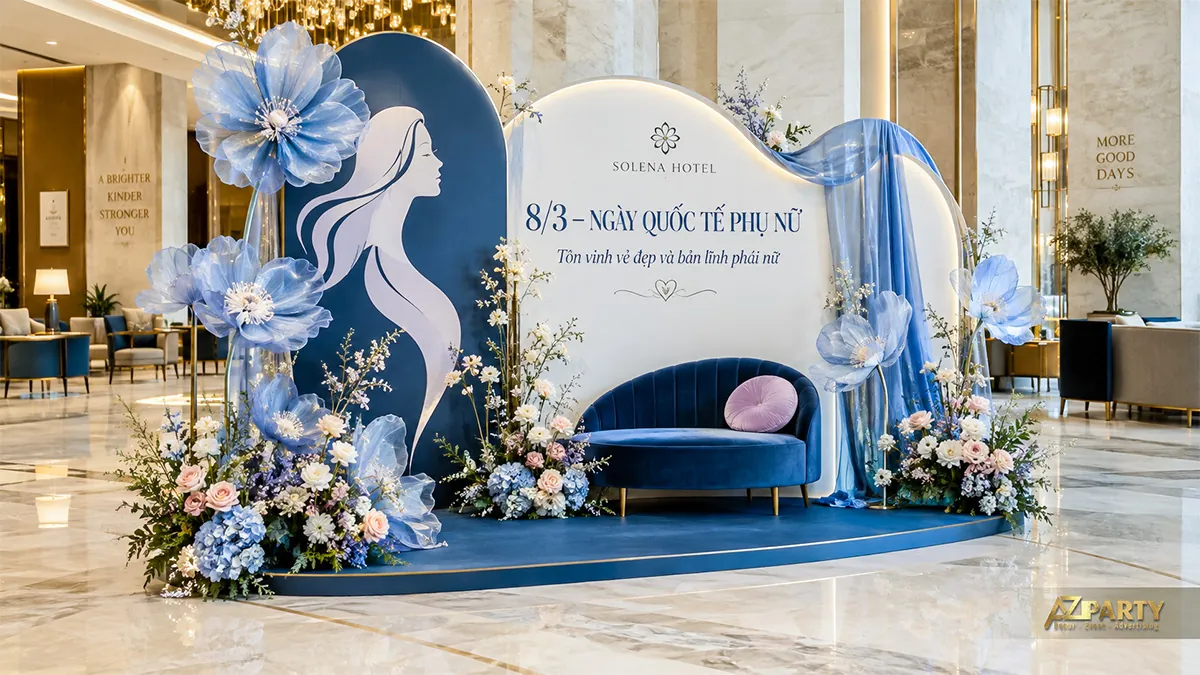 Góc chụp khách sạn xanh kem với hoa lớn trong suốt và ghế nhung xanh