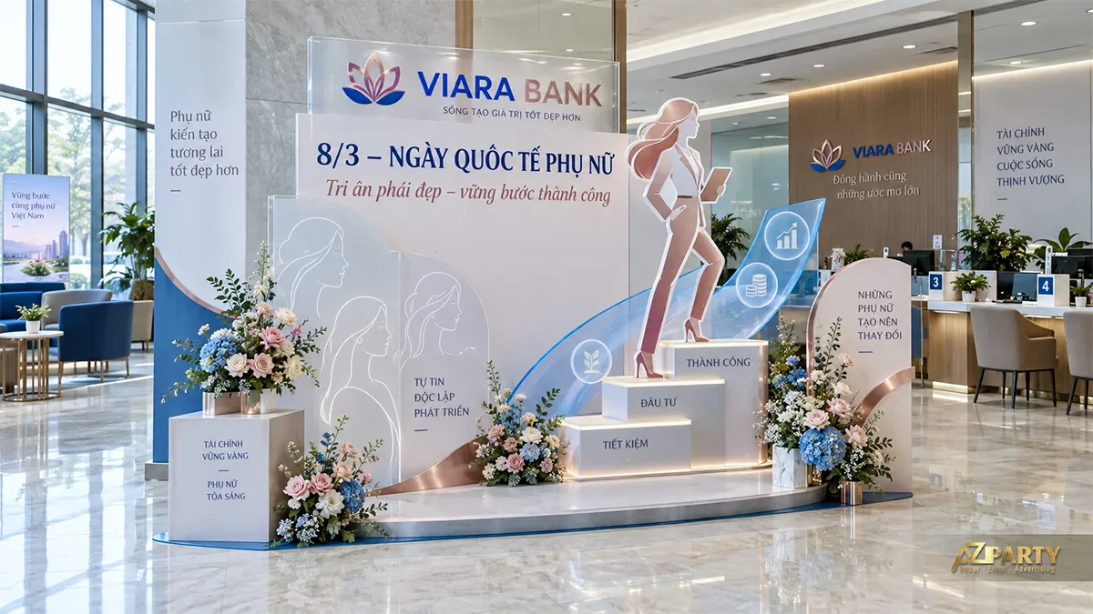 Tiểu cảnh ngân hàng trắng xanh với nữ doanh nhân và bậc thang phát sáng
