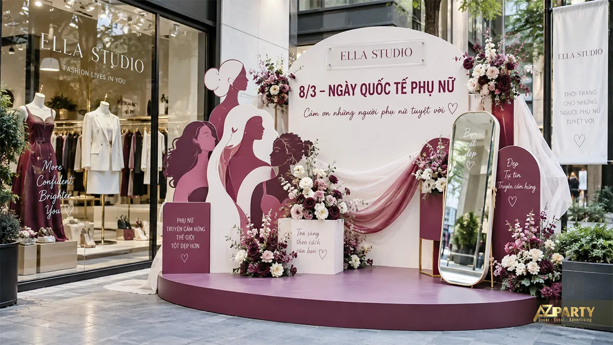 Tiểu cảnh trắng tím rượu với nhiều chân dung phụ nữ, vải rủ và gương