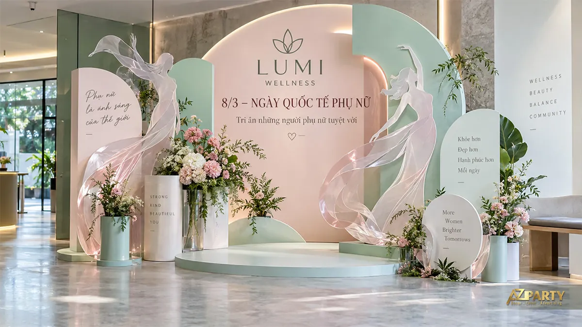 Tiểu cảnh hồng xanh nhạt với hai hình phụ nữ múa và hoa trắng hồng