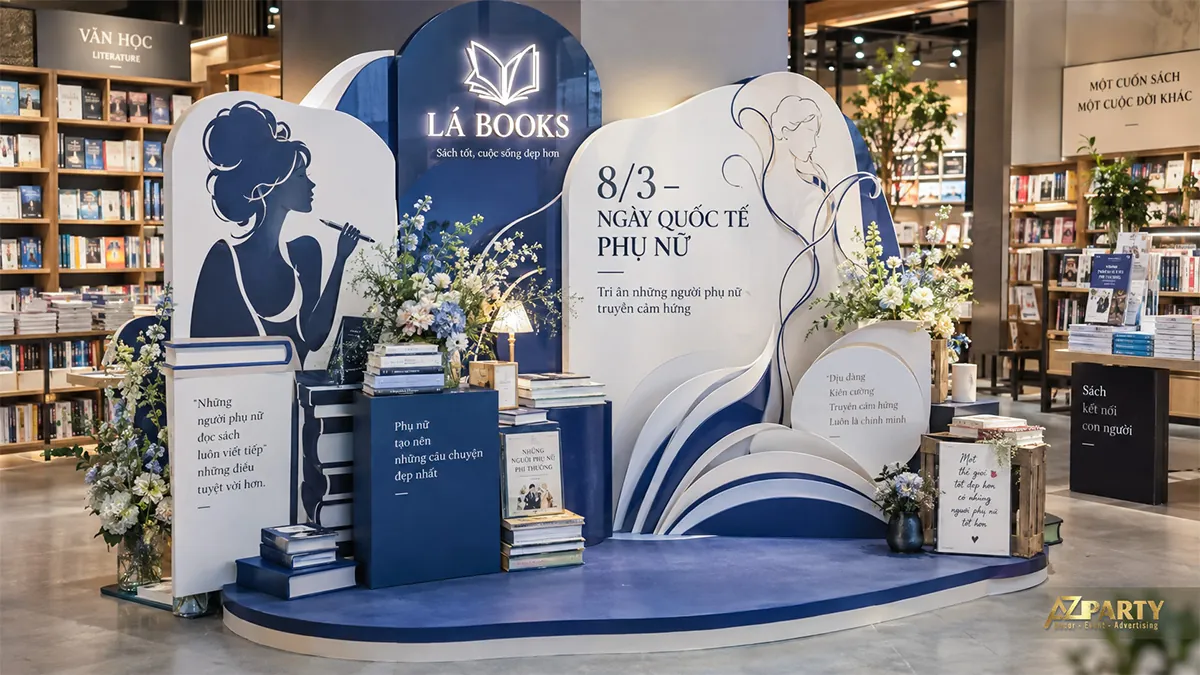 Góc nhà sách xanh trắng với người đọc, chồng sách và các trang sách uốn