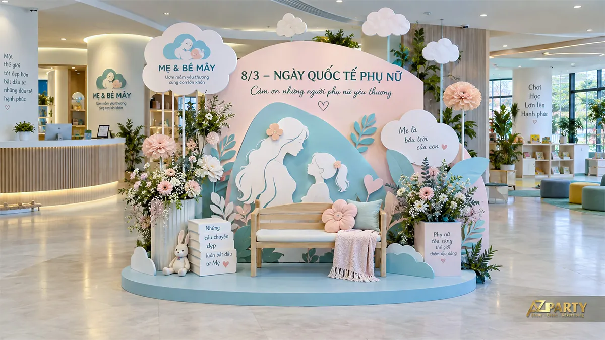 Góc mẹ và bé xanh hồng với ghế gỗ, hình mẹ con và những đám mây