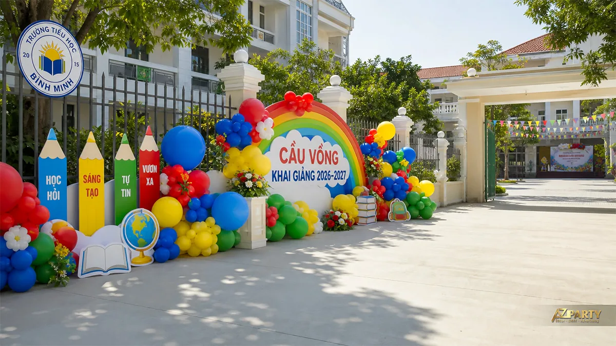 Tiểu cảnh bóng bay khai giảng Cầu Vồng với bút chì, sách, quả địa cầu và hoa nhiều màu