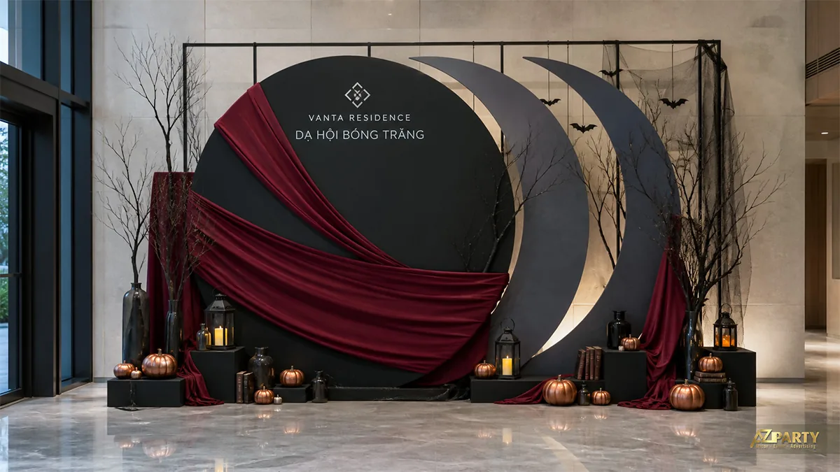Tiểu cảnh Halloween tông đen đỏ với trăng khuyết, rèm nhung, cành khô và bí ngô trong sảnh